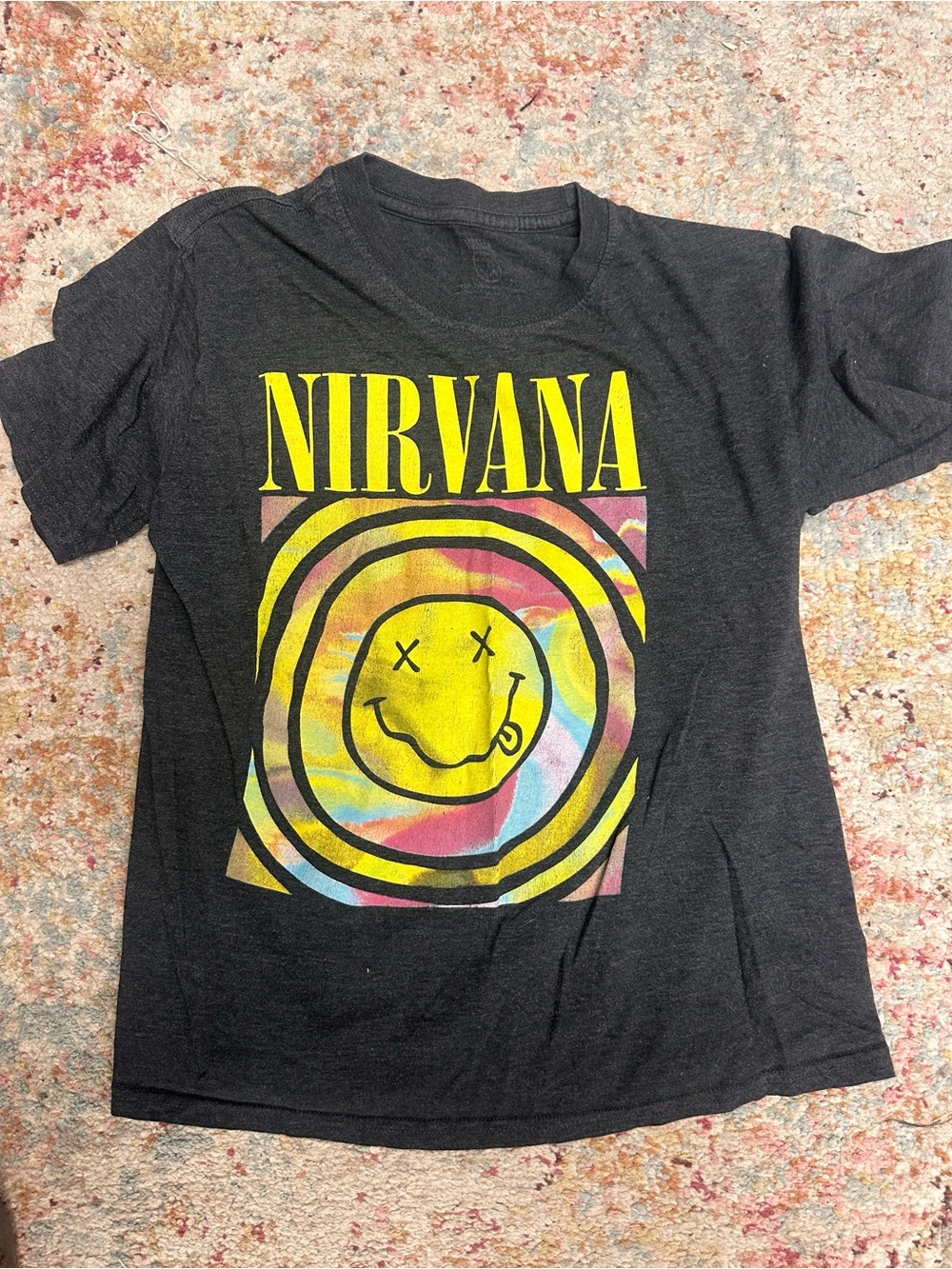 NIRVANA Black Short Sleeve Tee with Yellow Logo and Multicolor Smiley